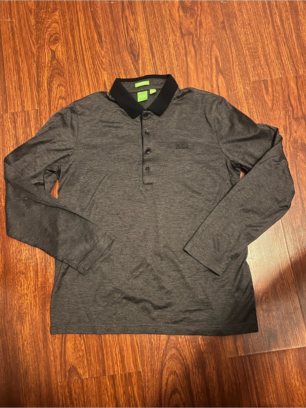 Boss Men's Long-Sleeve Polo in Charcoal with Black Collar